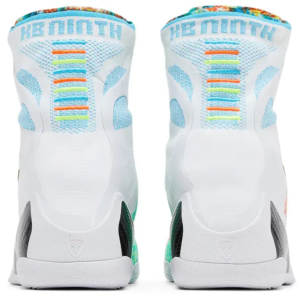 Nike Kobe 9 Elite Protro 'What The Kobe' 2025 high-top with white multicolor Flyknit upper and embroidered heel detailing.