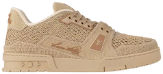 Pharrell Williams x Louis Vuitton Trainer 'Raffia' 2024 beige woven raffia low-top sneaker with tonal sole and handwritten LV branding.