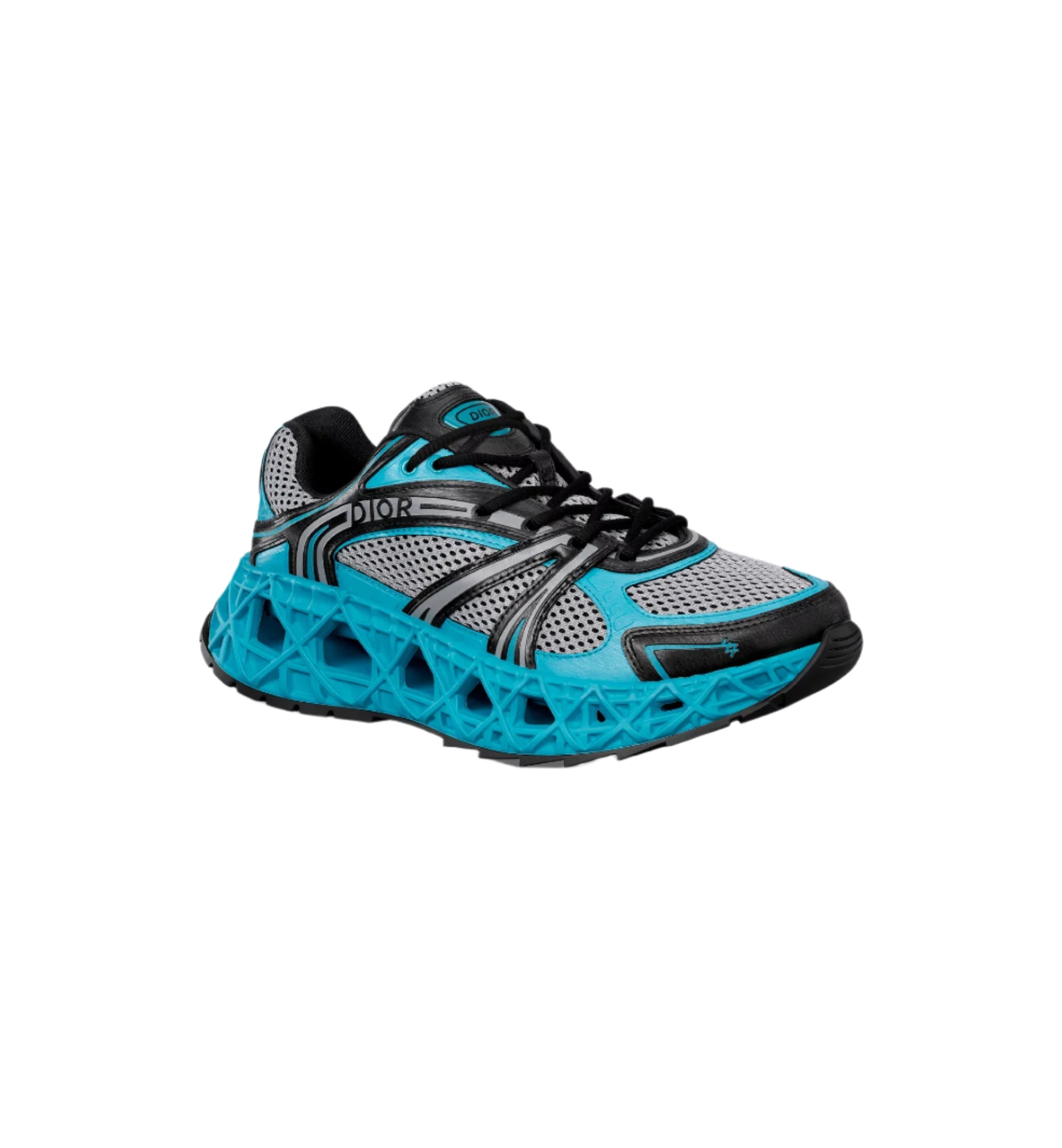 Blue and black athletic shoe on a white background