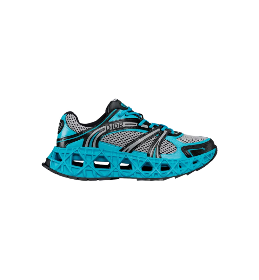 Dior B35 NXXT Sneaker in Neon Blue and Black with Cannage sole and mesh upper, limited edition of 888 pairs.

