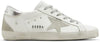 Golden Goose women's white leather sneaker with grey suede star and silver metallic heel tab, distressed outsole.
