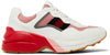 Gucci Wmns Rhyton sneaker in white mesh with reflective pink and red detailing and chunky rubber sole.


