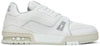 Louis Vuitton Trainer Low 'White' with all-white leather upper, embossed branding, and monogram rubber outsole.