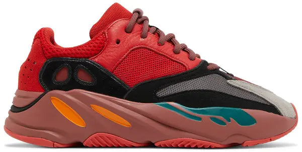 Yeezy Boost 700 ‘Hi-Res Red’ sneaker with red mesh and suede upper, maroon Boost midsole, and multicolor accents.