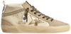 Golden Goose Mid Star women's sneaker in beige suede with Swarovski crystal star and leopard-print laces.

